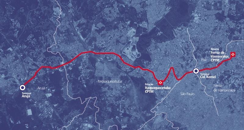 Zemljevid corredor BRT metropolitano Perimetral Alto Tietê