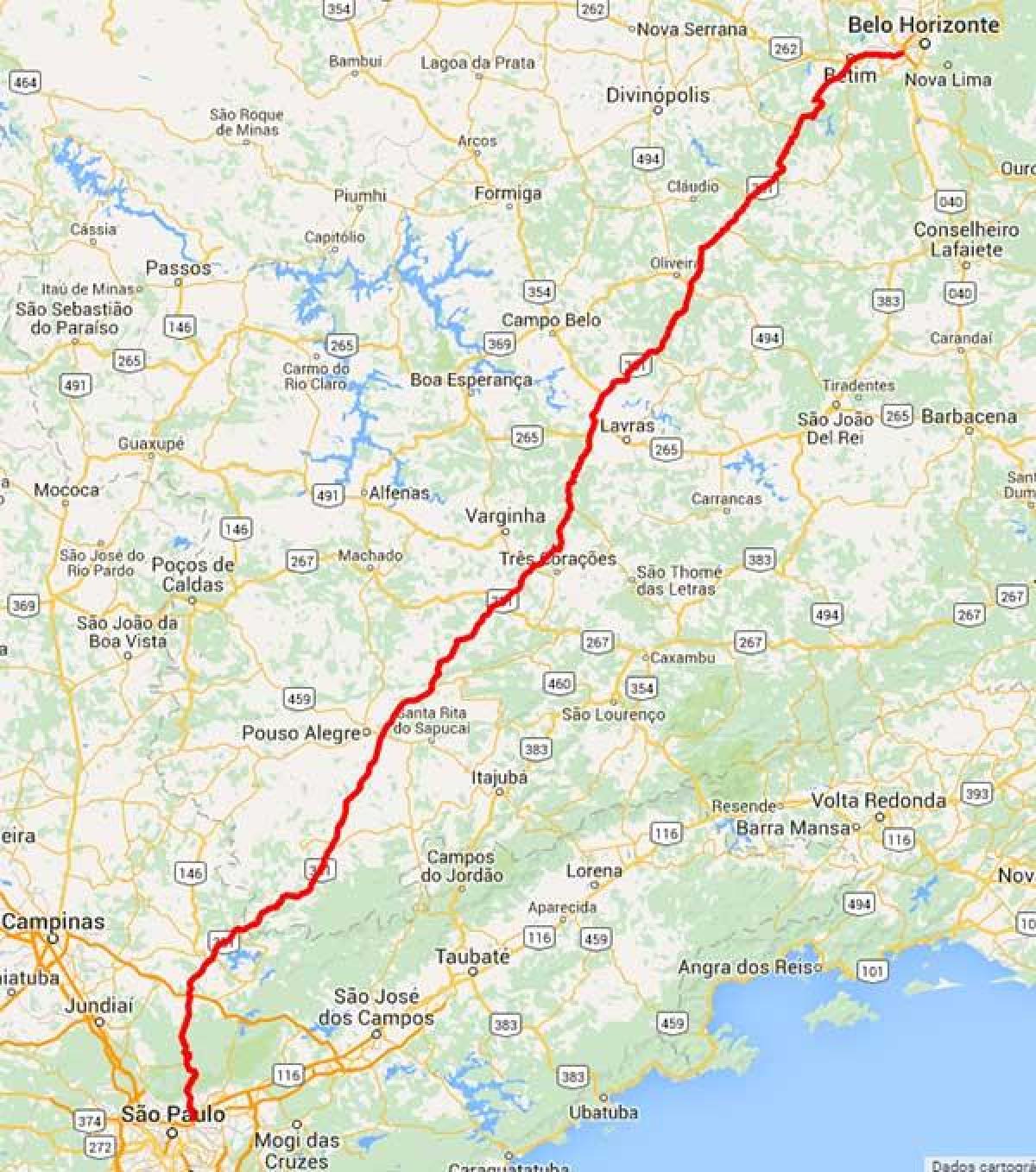 Zemljevid Fernão Dias avtocesti - BR 381