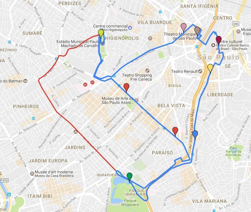 Zemljevid krožne turismo Sao Paulo - Linije
